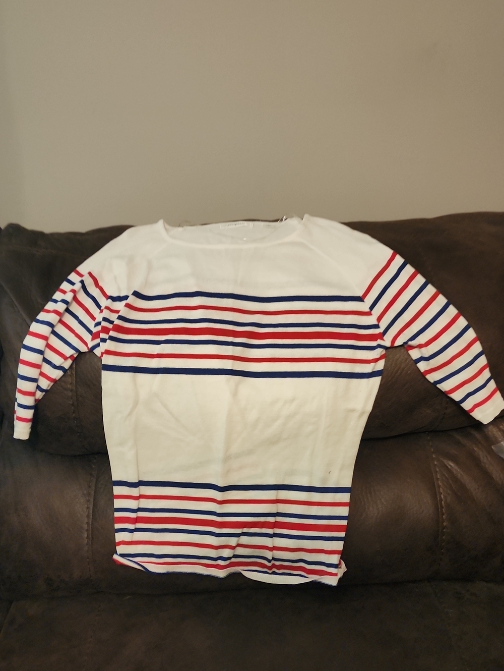 Passport White Knit Top with Red and Blue Stripes